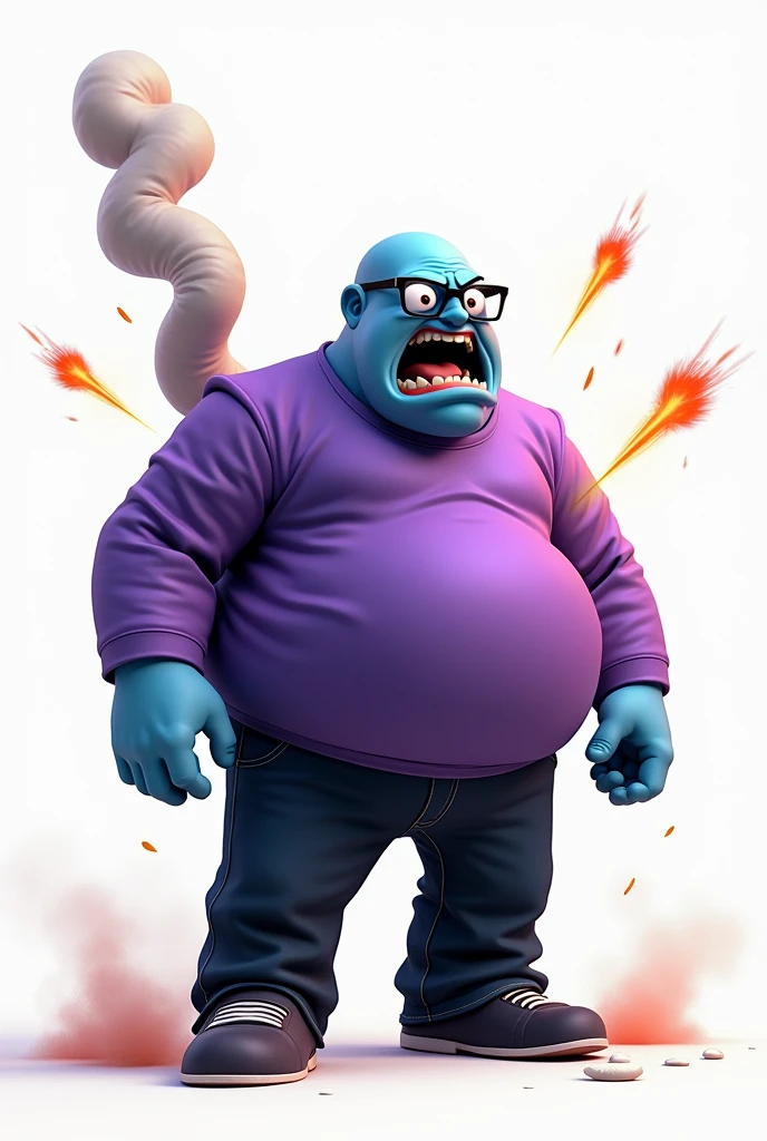 A blue skin tone guy, very fat, purple shirt with long sleeves, wears glasses, black jeans he is bald, he farted, white background only, Roblox style, stupid, crazy face, looking infront of camera, shit at the back, angry, fire, laser