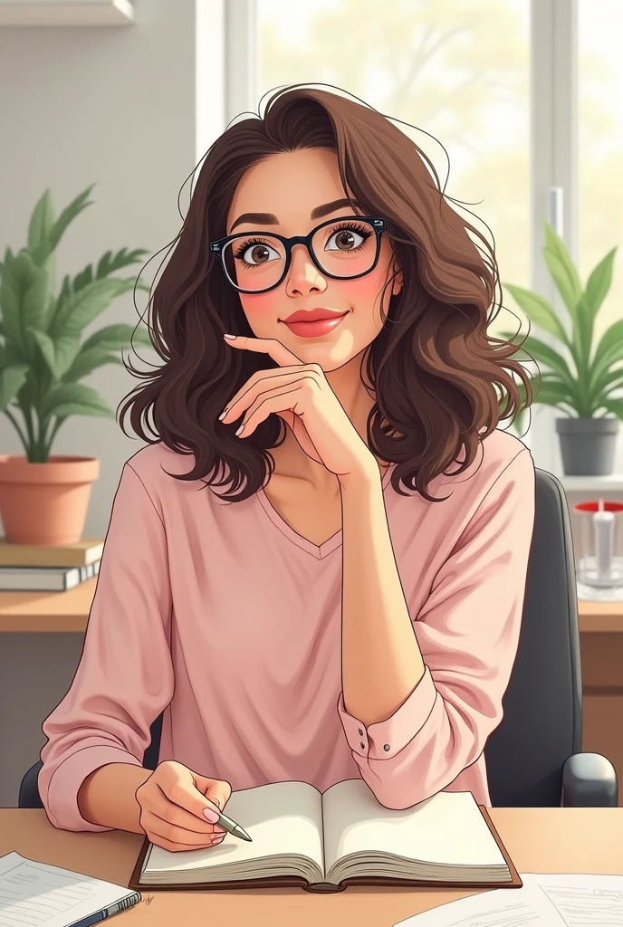 A mixed race woman with shoulder length curly hair smiling , wearing glasses and a light pink blouse, sitting at an office desk with a diary in her hand. em formato de desenho