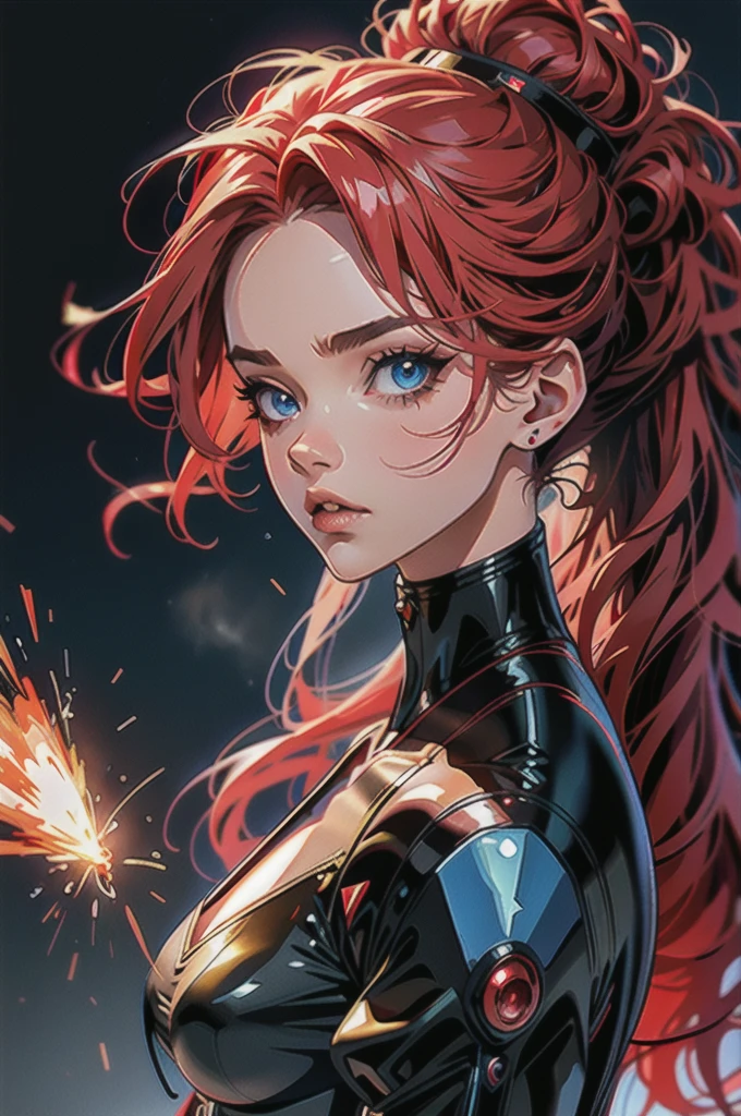 atmosfera oleosa sombria 4D style cat vegeta sexy ruiva decote rasgado seios grandes sexy picture of a grown-up magical girl sexy cute mature face hair afro black + red with some puled up into a false ponytail girl is a beautiful dark red theme with glitter and sparkles perfect big blue eye creating a glamorous and aesthetic effect. sharp focus emitting diodes smoke artillery sparks racks system unit motherboard by pascal blanche rutkowski repin artstation hyperrealism painting concept art of detailed