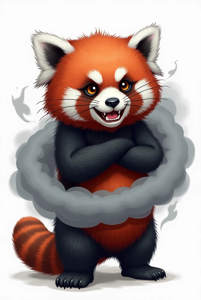 red and black panda bear wrapped in a gray air tornado, with an angry face and an air of confidence, white background