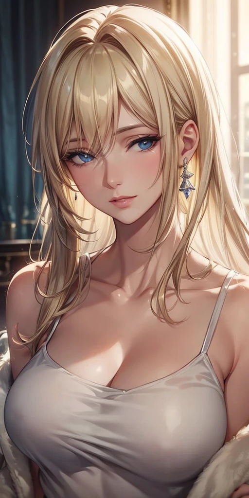 portrait, realistic, elegant mature woman, blue eyes, blonde hair, 4k resolution cg, beautiful cg, soft light