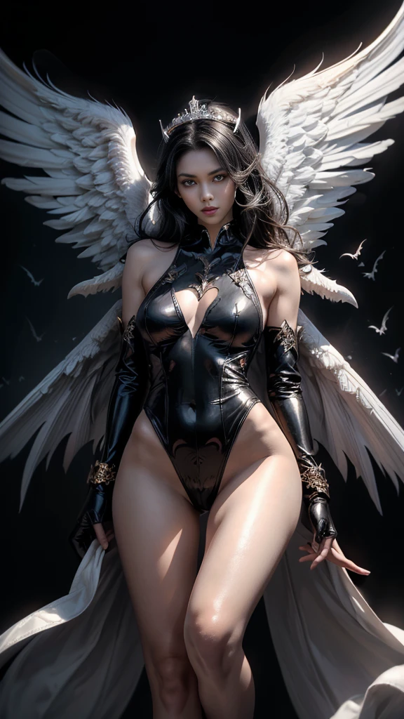 emphasis on wings, wings on shoulder, Angel wings and devil wings, white wings and black wings, (Realistic picture, highest resolution, 16ก), (A demon god with wide wings and enormous power on his shoulders..., Twelve wings on the shoulders., black bat wings:1.3 white angel wings:1.5), 6 angel wings, 6 devil wings, (Beautiful girl with two meter long hair, shiny black hairงาม, Smooth white skin, Lips are very red.), ((stand, already)), (big breasts, หัวBig tits), (gigantic breast, breast augmentation, Breast 400 cc., small waist, hips raised, small thighs, Long legs), (dynamic poses), (Armor that slightly conceals the body), Separate theme, (Angel wings and devil wings), floating in the air above the groundดิน, background darkness, Embraced with twelve wings, The horns that grow from the head are like a crown., He who has light, wears little armor, There is power coming out of the body., sparkling wings, white light black light, amazing wings, beautiful gesture, 8K resolution, Resolution 4000 x 2250 pixels, beautiful gesture, Angel wings and devil wings, (Realistic picture, highest resolution, 16K), (A demon god with wide wings and enormous power on his shoulders.., Twelve wings on the shoulders., black bat wings:1.3 white angel wings:1.5), Angel wings and devil wings, white wings and black wings,, Have wings 100 Have wings 1000, Angel wings and bat wings, wings inserted between wings, 12 wings, 6 angel wings, 6 bat wings, Angel wings and devil wings, white wings and black wings,, (Beautiful girl with two meter long hair, shiny black hair, Smooth white skin, Lips are very red.), very long hair, ((stand, toe)), (big breastsโต, หัวBig tits), (gigantic breast, small waist, hips raised, small thighs, Long legs), (dynamic poses), (black and white leotard, There are beautiful patterns., Decorated with gold embroidery., Show off your chest), Separate theme, (Angel Wings and Demon Lord Wings), floating in the air above the ground, background darkness, Embraced with twelve wings, He is white and black., A rainbow glow on the back of the head, The most busty breasts, Big tits, universe backdrop, dynamic gesture, Drive the skin, Smooth white skin, (The wings are in layers, alternating with white, alternating with black. The wings are alternating with layers of white, alternating with layers of black, and alternating again.), gold pattern set
