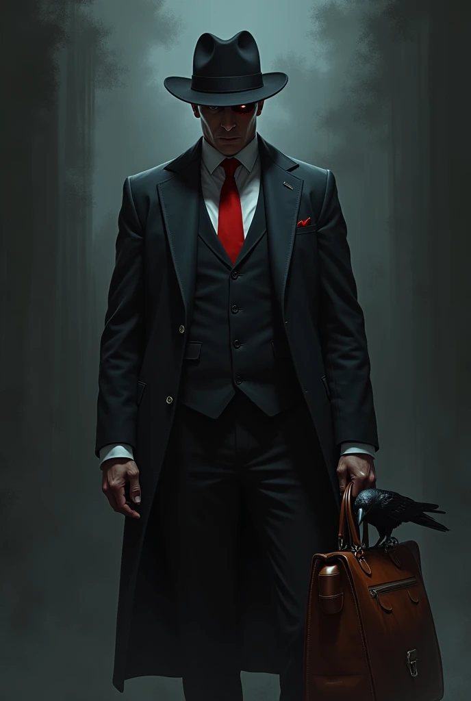 salesman　Leather Handbags　Red tie　In a suit　Black Hat　Crow　dark　darkness　Right eye injury　evil