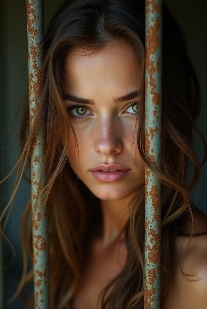 A close-up shot captures the defiant spirit of a stunning female prisoner, her long hair tangled amidst the metal grates of her cell door. Her piercing green eyes flash with determination as she gazes directly at the camera, soft focus and warm lighting highlighting her porcelain skin and full lips. The rusty bars of her cell door create a striking contrast in the background, a testament to her unyielding resolve.