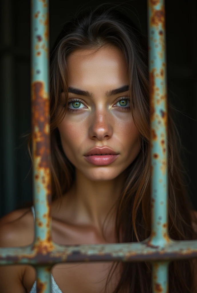 A close-up shot captures the defiant spirit of a stunning female prisoner, her long hair tangled amidst the metal grates of her cell door. Her piercing green eyes flash with determination as she gazes directly at the camera, soft focus and warm lighting highlighting her porcelain skin and full lips. The rusty bars of her cell door create a striking contrast in the background, a testament to her unyielding resolve.