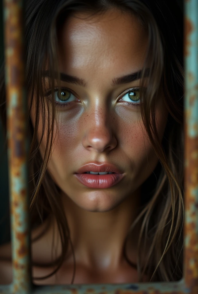 A close-up shot captures the defiant spirit of a stunning female prisoner, her long hair tangled amidst the metal grates of her cell door. Her piercing green eyes flash with determination as she gazes directly at the camera, soft focus and warm lighting highlighting her porcelain skin and full lips. The rusty bars of her cell door create a striking contrast in the background, a testament to her unyielding resolve.