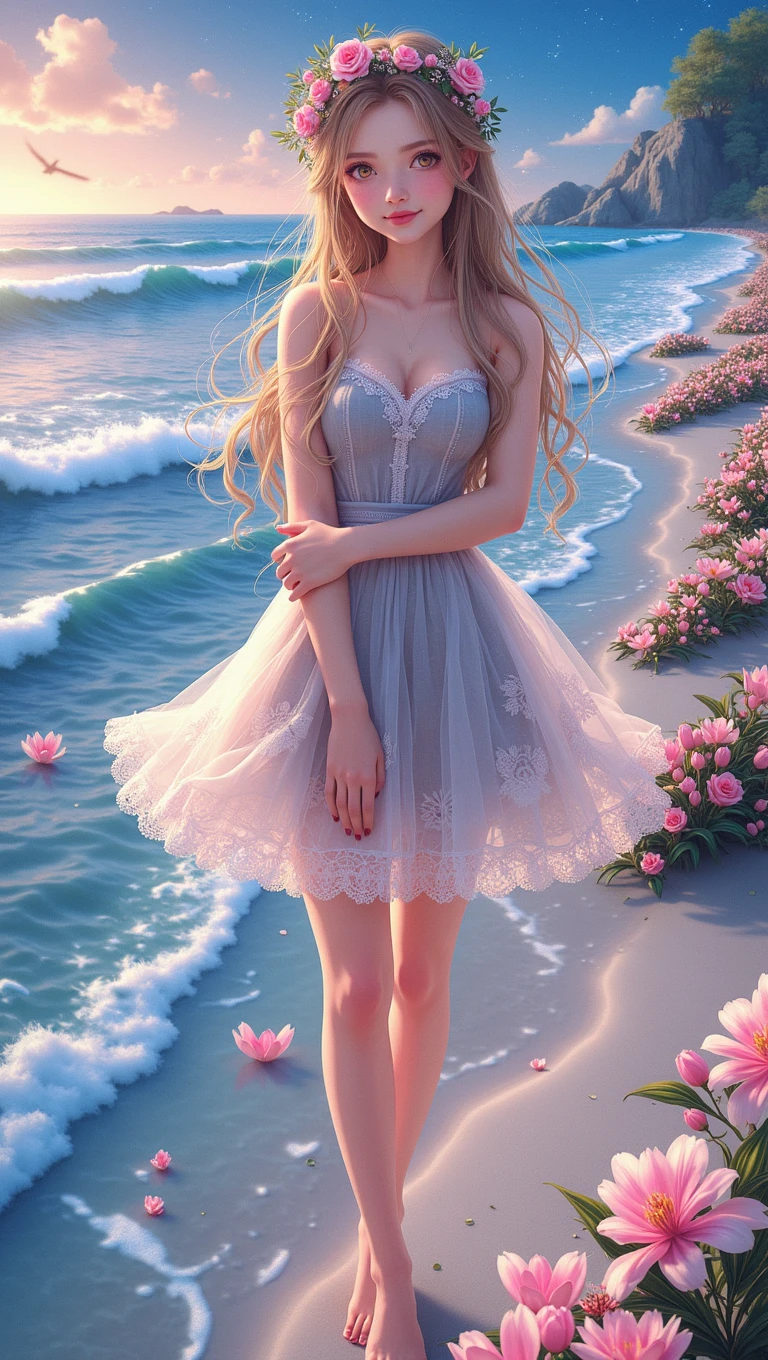 fairy standing on the seashore,Wear hair accessories,Lace floral dress,High heel,charming,sweet and cute,soft skin,The facial features are realistic and delicate,The beach is full of flowers,starry night,Dreamy scene photography,8K ultra-high-definition picture quality,Real photography