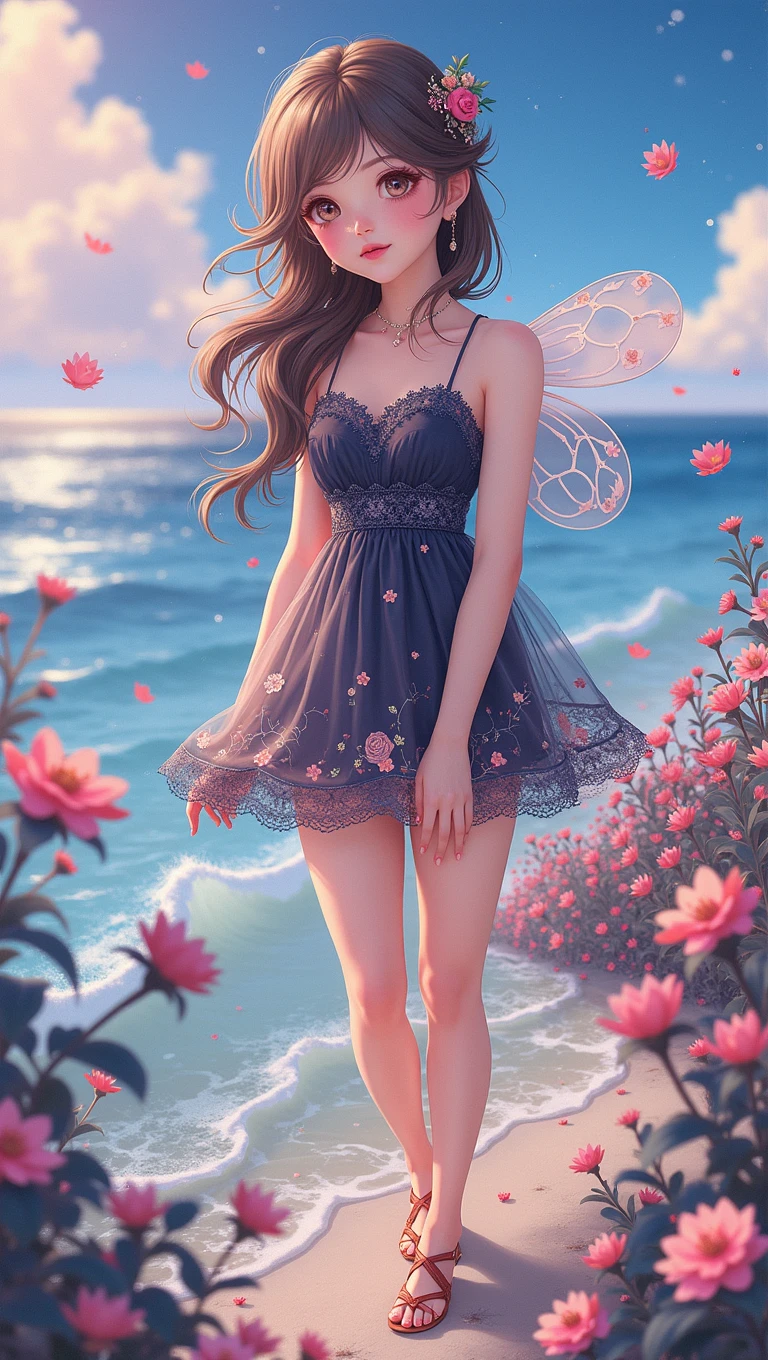 fairy standing on the seashore,Wear hair accessories,Lace floral dress,High heel,charming,sweet and cute,soft skin,The facial features are realistic and delicate,The beach is full of flowers,starry night,Dreamy scene photography,8K ultra-high-definition picture quality,Real photography
