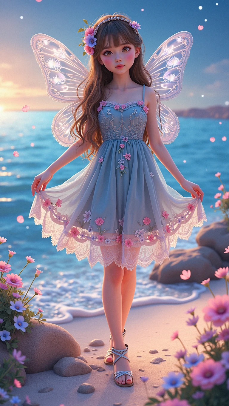 Little fairy standing on the seashore,Wear hair accessories,Lace floral dress,High heel,charming,sweet and cute,soft skin,The facial features are realistic and delicate,The beach is full of flowers,starry night,Dreamy scene photography,8K ultra-high-definition picture quality,Real photography
