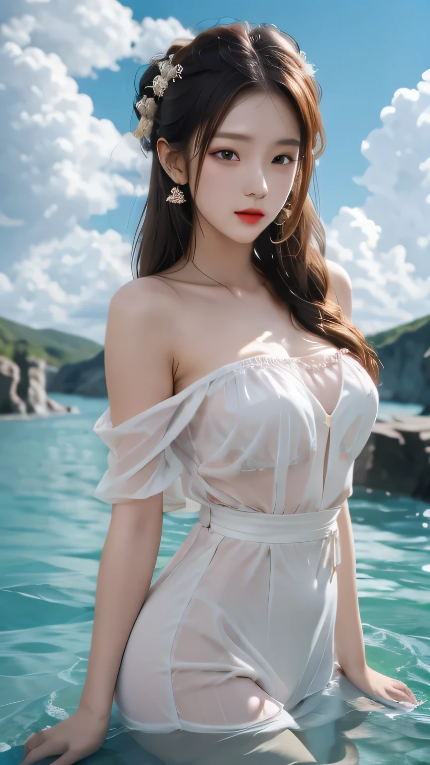 masterpiece, best quality, Stills, 1 girl, floating in the air, cloud girl, cloud, (close up:1.1), bright, Happy, pleasure, Soft Light, (Bauhaus, shape, metal wire, Abstract:1.1),Off-shoulder,Strapless,Skinny sexy top
