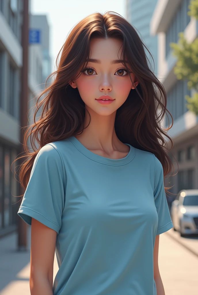 Western brunette girl in light blue round neck T-shirt without label on a city street