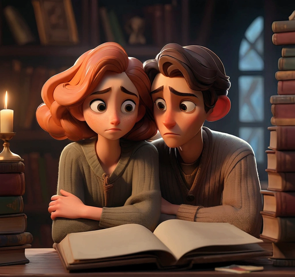 A cozy library with tall shelves and soft, warm lighting. Two figures, a young man and woman, are seated at opposite ends of a large wooden table, their eyes meeting over a stack of books.