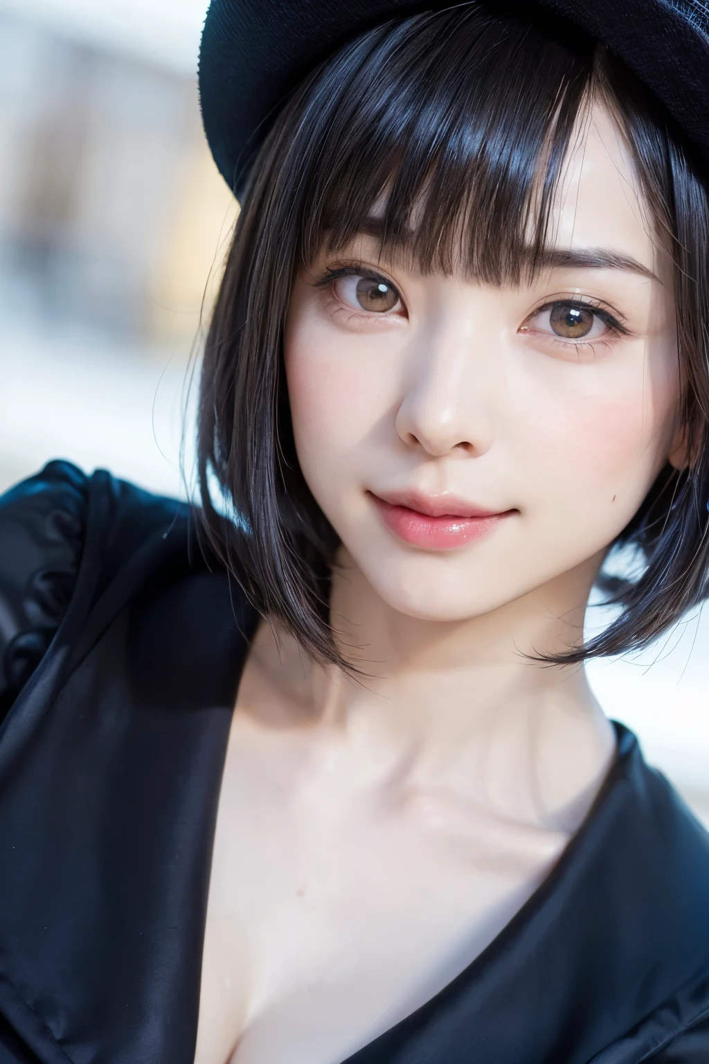 (masterpiece, Highest quality),One Girl, solo, Black-haired, scarf, hat, Realistic, Realistic, Looking at the audience, Light-coloured black eyes, Short brunette bob hair, Brown coat,, Lips, Bans, Plein Air, Upper body、Big eyes、Beautiful view of sparkling snow lassi))、(((Short bob hair with bangs:1.4、Shiny Hair、Bans:1.4、Big eyes、large full chest、Intensely accentuates the eyes、Staring at the audience、Beautiful beauty、Listen carefully、Long neck、Smile a little、smile、Ideal body proportions)))、{huge|big|hugeな|Mega} chest:2, chestの谷間:2