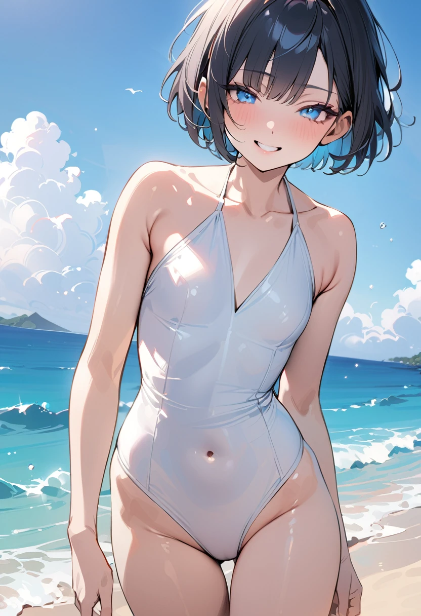 (masterpiece, best quality:1.5), (high resolution 8K), detailed eyes and face, detailed body, 
BREAK (extra short hair:2.0), blunt bangs, black hair, (inner blue color hair:1.2), blue eyes, , flat chest,  
BREAK smile, cheerful, happy, eyes closed,  
BREAK an elegant white halter neck swim suit, 
BREAK the sandy shores of Hawaii, dynamic pose