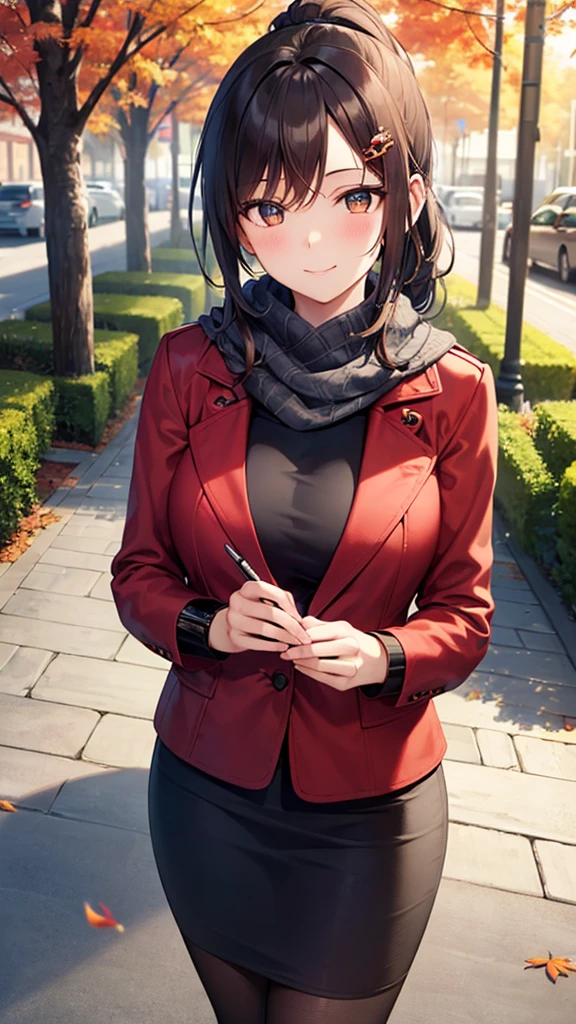 masterpiece, best quality, high detail, 1girl, beautiful woman, wavy hair, dark brown hair, low ponytail, messy hair, hair ornament, large bust, red jacket, black midi pencil skirt, long black skirt:1.2, boots, white scarf, bracelet, autumn, trees, leaves on ground, park, garden, stone, sidewalk, upper body, looking at viewer, light smile, atmospheric, moody