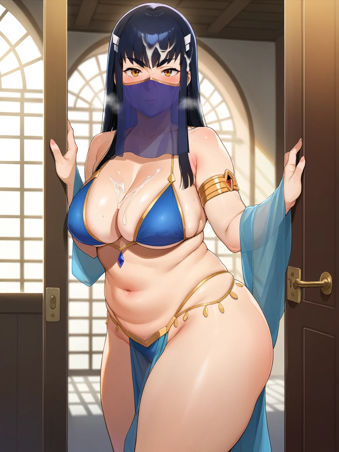 score_9, score_8_up, score_7_up, score_6_up, source_anime, BREAK by ikuchan kaoru, iku, clean color, flat color, indoors, presenting, 1girl, milf, aftersex, blush, entrance, door, break, ((arabian clothes)), belly dancer, face veil, veil, , huge thighs, ass, cum, cum on hair, cum on navel, navel, bbw, chubby, amber eyes, satsuki kiryuin, standing, looking at viewer, medieval, fantasy, brick interior, kill la kill