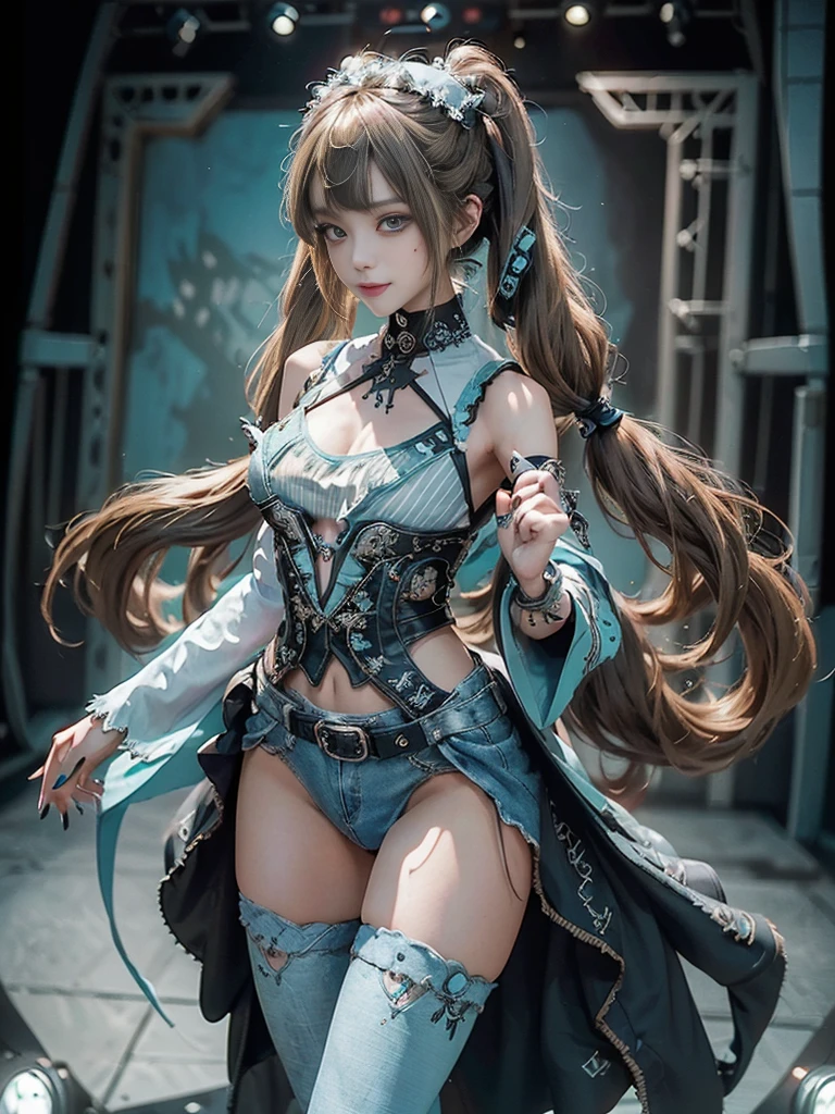 (Full Body View:1.3)、(Side view:1.1)、(Smiling with teeth showing:1.3),(Shibuya Gal:1.5)、(Gothic Lolita style fashion:1.5)、(Punk RockVisual Kei:1.2)、(Wearing a rhythmic gymnastics bodysuit with intricate details:1.4)、(Cloak de cour with delicate decorations in white, denim and turquoise:1.5)、(Denim with turquoise and white boots:1.3)、((belt))、(Numerous delicate logo marks all over the costume:1.4)、(Denim collar:1.3)、(Striped underwear:1.5)、30 years old、NSFW、((Highest quality、In 8K、masterpiece:1.3))、Sharp focus:1.2、(Layered Cut、Beautiful boobs:1.1),Beautiful woman with perfect figure:1.4、(Posing for a sexy photo shoot:1.3)、Slender Abs:1.2、Highly detailed face and skin texture、Detailed eyes、double eyelid,(Twin tails:1.3)、(Brown-golden hair:1.3)、Gravure idol、(The background is the stage of the fashion show:1.3)、(Slim Body:1.3),(Make your legs thinner:1.4),(clavicle:1.1)、(Thin thighs:1.2)