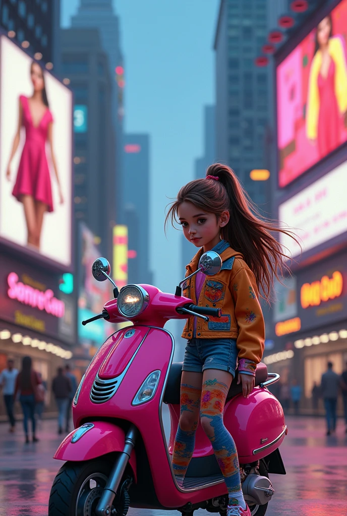 Realistic ager designer with brown hair wearing colourful crazy outfit drawing in her sketchbook to design new crazy dresses. She is standing in the middle of a city looking at billboard of her favourite designer meanwhile leaning on her pink scooter. REALISTIC