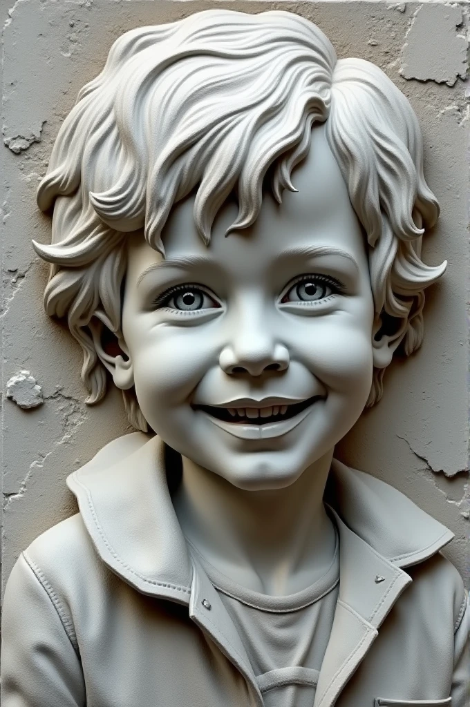 Sculpture en bas-relief en argile grise représentant le visage d'un enfant souriant