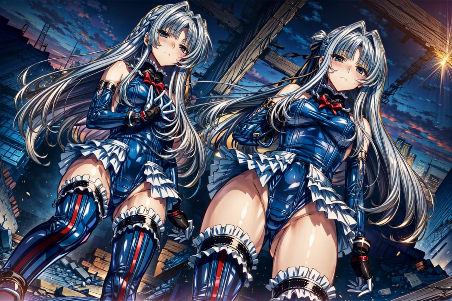 Perfect Anatomy, Highest quality, marirose,,Provocative attitude
,(Dawn greets the sky above the rubble:1.1),(Emotionless,Expressionless:1.4),Anime Style,(Frilled swimsuit, Knee socks, Removed sleeve), (Anime Style:1.4) ,(3girls:1.2),
Silver Hair,(White fingers:1.1,Black gloves),Very long hair,Evil Aura,(from directly below:1.4),full body