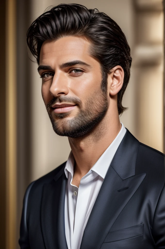 (best quality,4k,8k,highres,masterpiece:1.2),portrait,realistic,actor,celebrity,Michele Morrone,charming,mesmerizing eyes,stubble,black hair,strong jawline,intense gaze,stylish suit,confident smile,vibrant colors,elegant backdrop,professional lighting