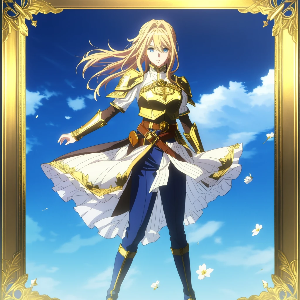 A full-body portrait of a young woman in anime style, with long, light blonde hair, framed by a white mantle adorned with golden details. She has intense blue eyes and wears a form-fitting blue armor with intricate engravings of leaves and flowers, and golden metal pieces covering her shoulders and arms. A dark brown leather belt with metallic buckles secures her armor at the waist. She wears brown leather boots, standing in a dynamic action pose. A cross-shaped pendant adorns her chest. The background features a blue sky with fluffy clouds, highlighting her majestic and noble appearance, visible from head to toe, wear tight pants
