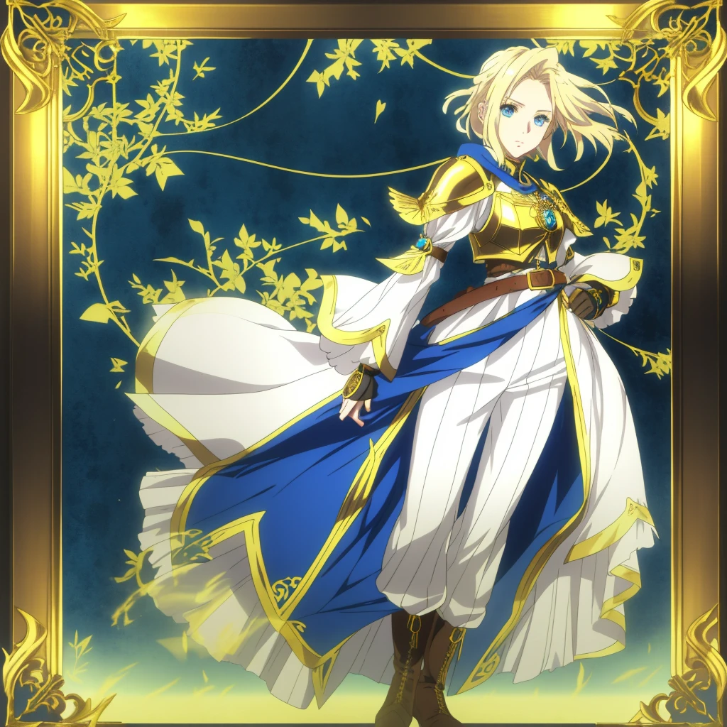 A full-body portrait of a young woman in anime style, with long, light blonde hair, framed by a white mantle adorned with golden details. She has intense blue eyes and wears a form-fitting blue armor with intricate engravings of leaves and flowers, and golden metal pieces covering her shoulders and arms. A dark brown leather belt with metallic buckles secures her armor at the waist. She wears brown leather boots, standing in a dynamic action pose. A cross-shaped pendant adorns her chest. The background features a blue sky with fluffy clouds, highlighting her majestic and noble appearance, visible from head to toe, wear tight pants