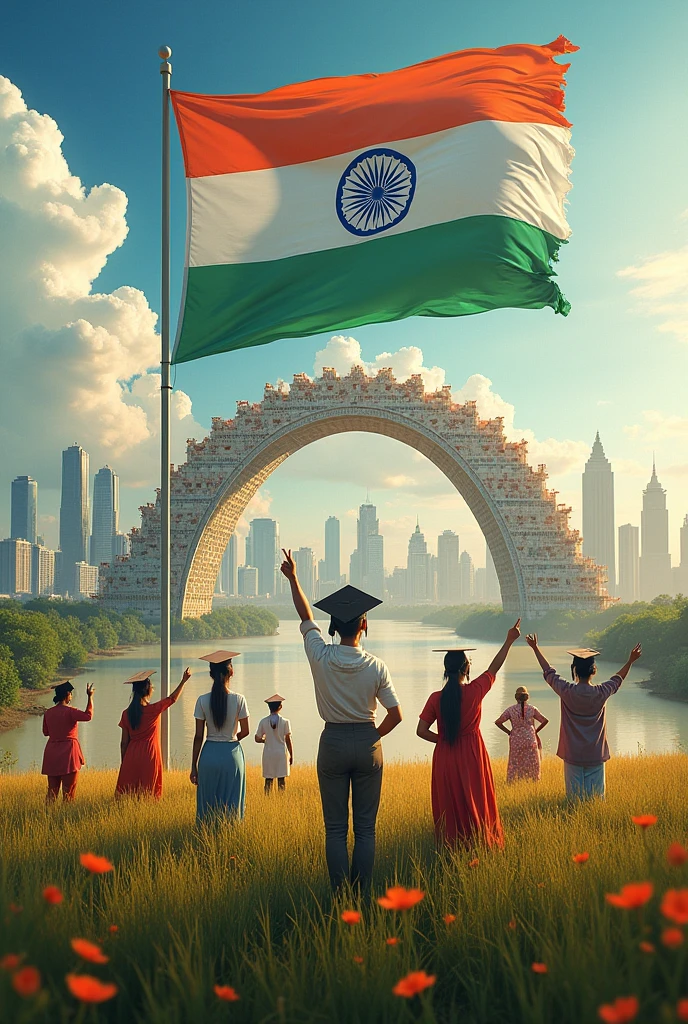 Make a poster of india in 2047 with Farmers in India wearing graduation caps, a bridge made with Indian currency notes , women in various occupations like firefighter, doctor religious priestess and a boss ,high rise buildings In the background write Viksit Sooch viksit Bharat in the flag of India in the middle of the poster and make the image realistic.