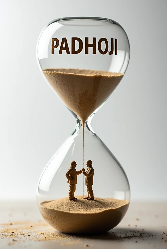 Sand timer with uper section a name PADHOJI and below section have doctor and engineer in sand form