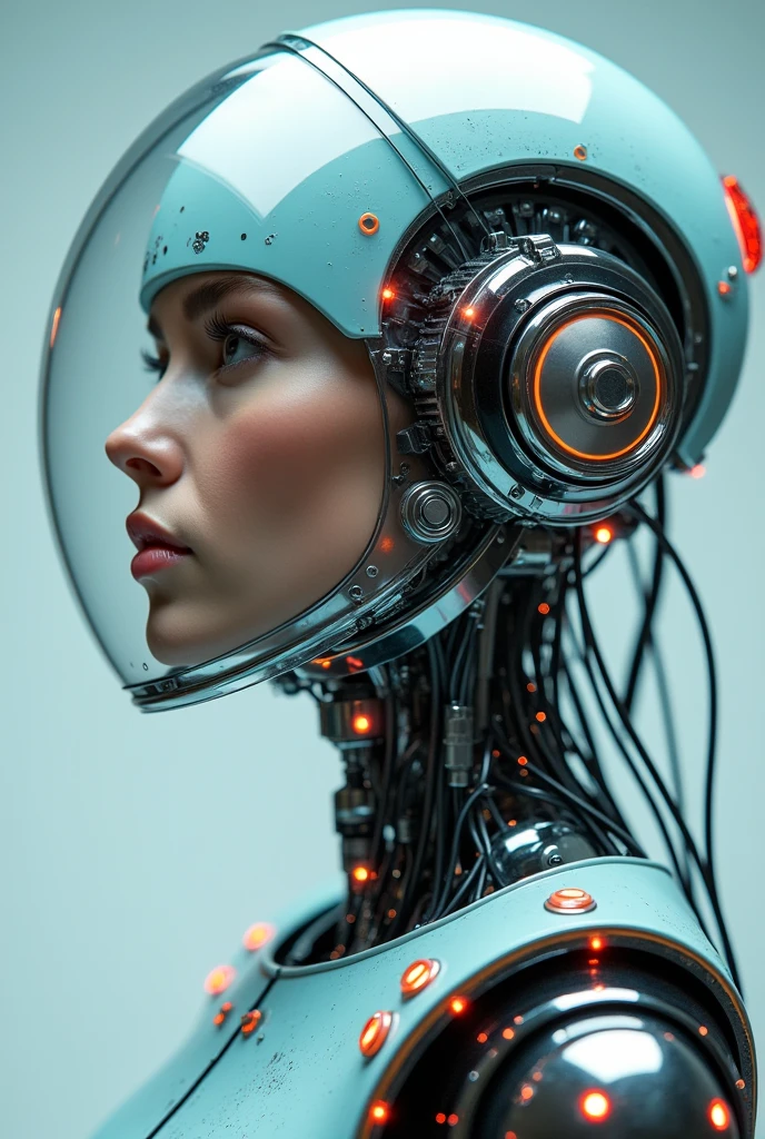 Portrait photography of a cyborg astronaut woman head without a body, connected by cables, wires, and LEDs. She has an attractive transparent iridescent plexiglass body resembling punk PLC robots, with a plexiglass motor head and ray guns. The photo is extremely detailed and realistic, captured in 4K resolution.