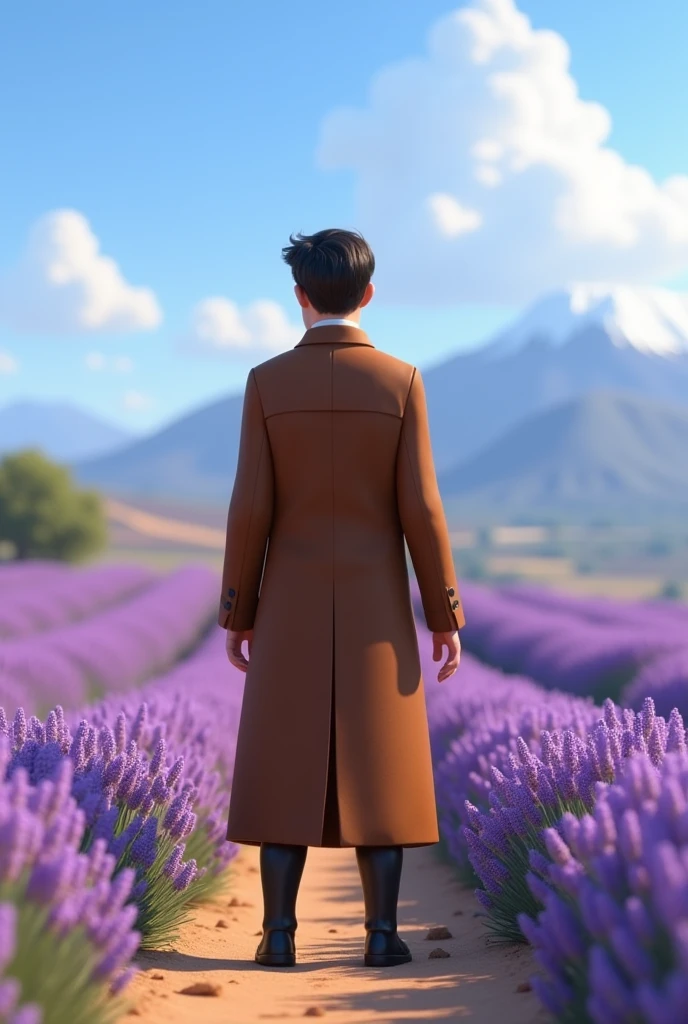 A 3d animation character from behind. From the 1900s. Wearing a long vintage jacket. Male Age of 30s. Pixar style. Standing in a top of small mountain. Looking to a large land of lavender flowers. Wearing a long black boots. Journalist. Cartoon Disney style. Catching his animation 3d horse from behind. Pixar style.