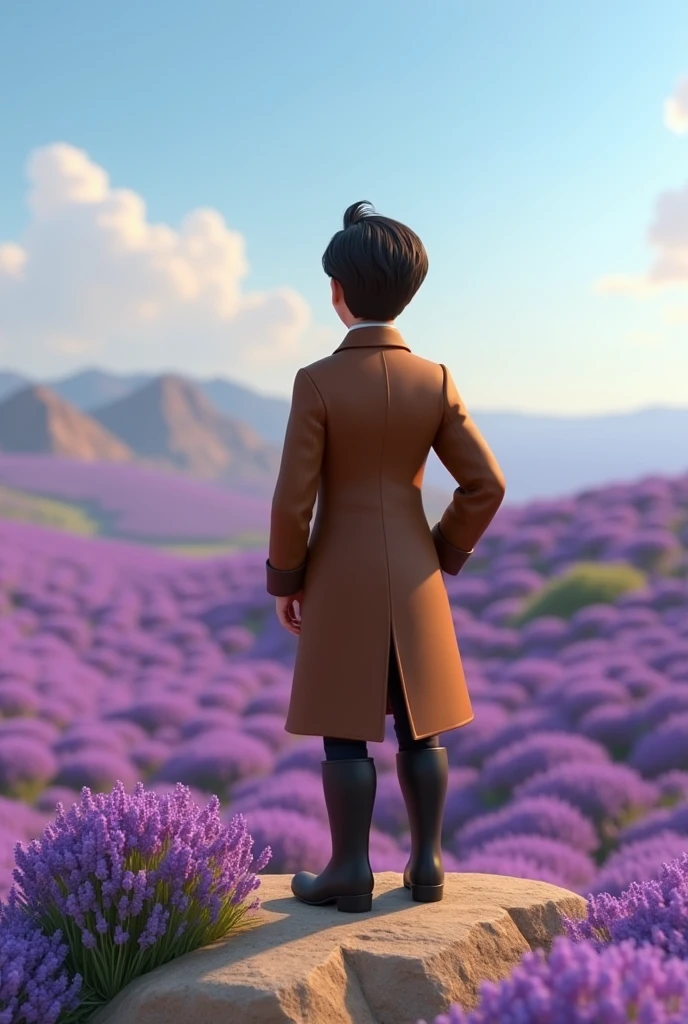 A 3d animation character from behind. From the 1900s. Wearing a long vintage jacket. Male Age of 30s. Pixar style. Standing in a top of small mountain. Looking to a large land of lavender flowers. Wearing a long black boots. Journalist. Cartoon Disney style. Catching his animation 3d horse from behind. Pixar style. 