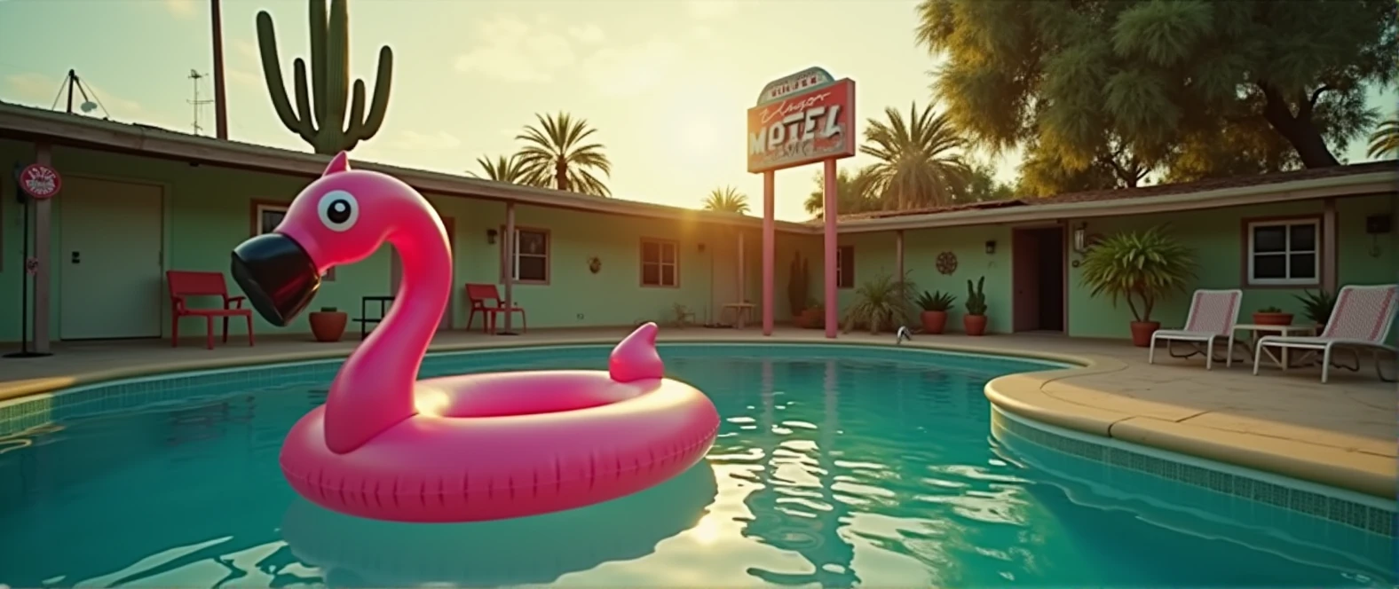 8k, raw documentary cinematic, dramatic Analog raw pro, A split-level shot captures a pink pool float. Half-submerged lens reveals The dilapidated Mexican motel pool, surrounded by cacti, exudes eerie charm. A weathered sign pleads "Free me!" Golden hour light bathes the scene, highlighting hyper-realistic details: dust motel