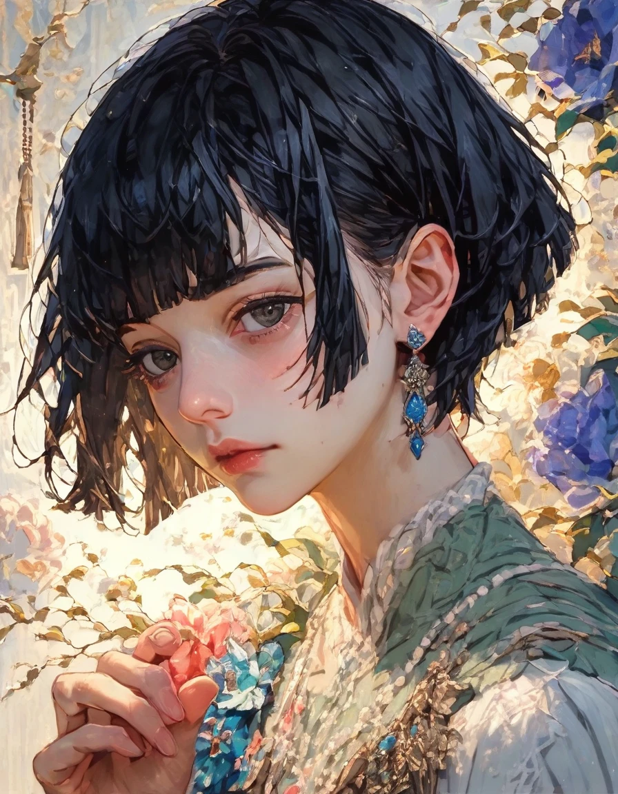 (absurdly , high quality , masterpiece , ultra detailed), ( detailed to hand ) (detailed to eyes) (detailed to face) , couples, 1 man (short black Quiff hair with Soft Fringe, bangs part on side 3:7 ratio) and 1 woman (short black hair with fringe) love ,pretty eyelue eyelack hair, fantasy, detailed background, soft light