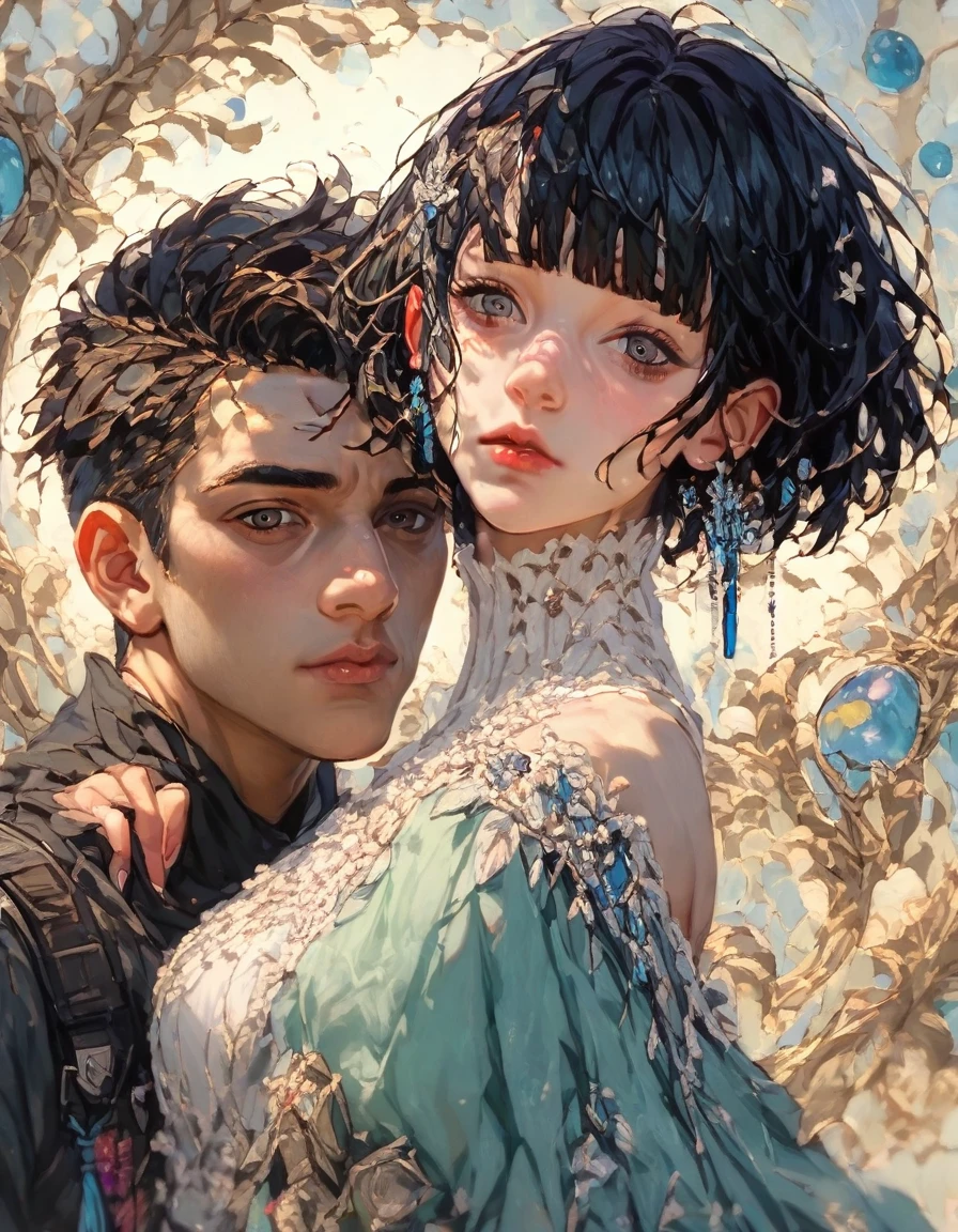 (absurdly , high quality , masterpiece , ultra detailed), ( detailed to hand ) (detailed to eyes) (detailed to face) , couples, 1 man (short black Quiff hair with Soft Fringe, bangs part on side 3:7 ratio) and 1 woman (short black hair with fringe) love ,pretty eyelue eyelack hair, fantasy, detailed background, soft light