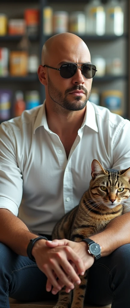 4k ((best quality)), ((masterpiece)), (detailed), hd, realistic face muscular bald male soldier full body wear white shirt sunglass sit at wallmart cat in his shouder