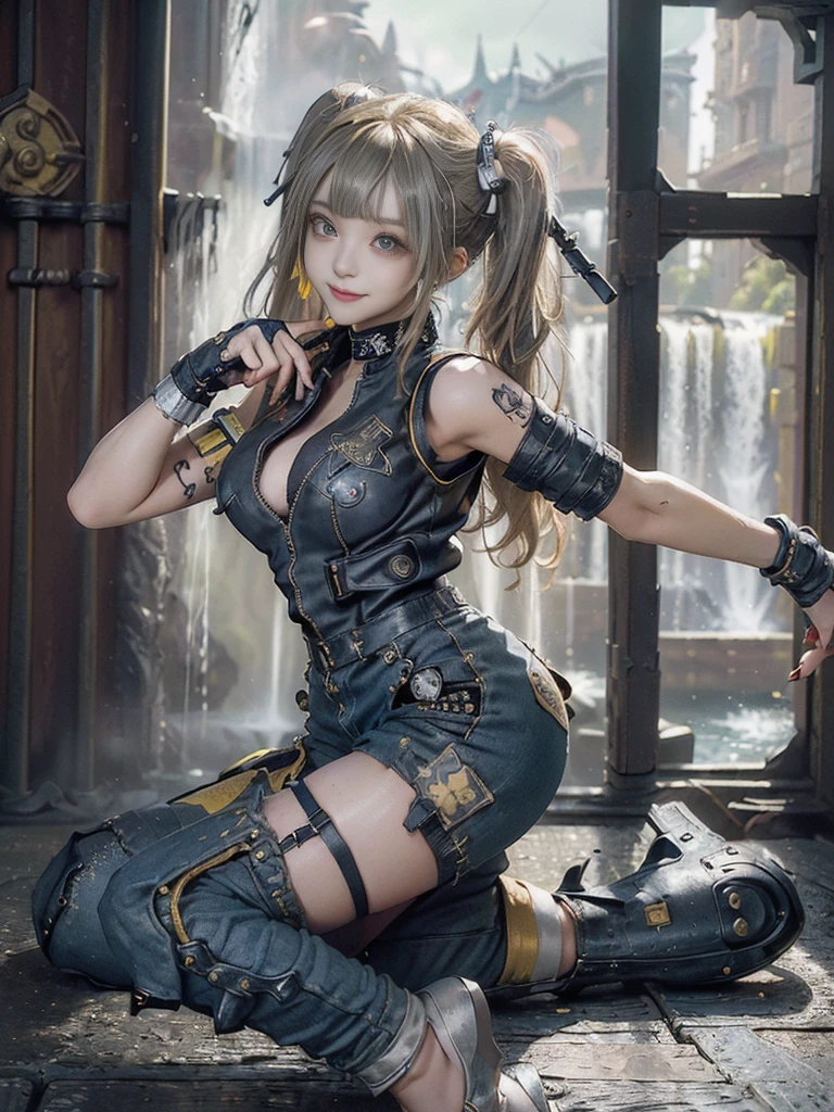 (Full Body View:1.4)、(Side view:1.1)、(Smiling with teeth showing:1.3),(Shibuya Gal:1.5)、(Beautiful:1.5)、(Punk RockVisual Kei:1.4)、(Yellow denim with khaki and brown medieval tattered zip up:1.5)、(Yellow arm covers and tattered bugle pants:1.5)、(Denim colored high heels:1.3)、(Wearing silver accessories:1.5)、(Khaki collar:1.4)、(Leather garter belt:1.4)、(Khaki skin belt:1.3)、(Navy lace underwear:1.5)、30 years old、NSFW、((Highest quality、In 8K、masterpiece:1.3))、Sharp focus:1.2、(Layered Cut、Huge boobs:1.1),Beautiful woman with perfect figure:1.4、(Doing an aerobics pose:1.3)、Slender Abs:1.2、Highly detailed face and skin texture、Detailed eyes、double eyelid,(Twin tails:1.3)、(Brown-golden hair:1.3)、Gravure idol、(A fairytale palace with a beautiful vast waterfall in the background:1.3)、(Slim Body:1.3),(Make your legs thinner:1.4),(Thin, thin thighs:1.3)、(clavicle:1.1)