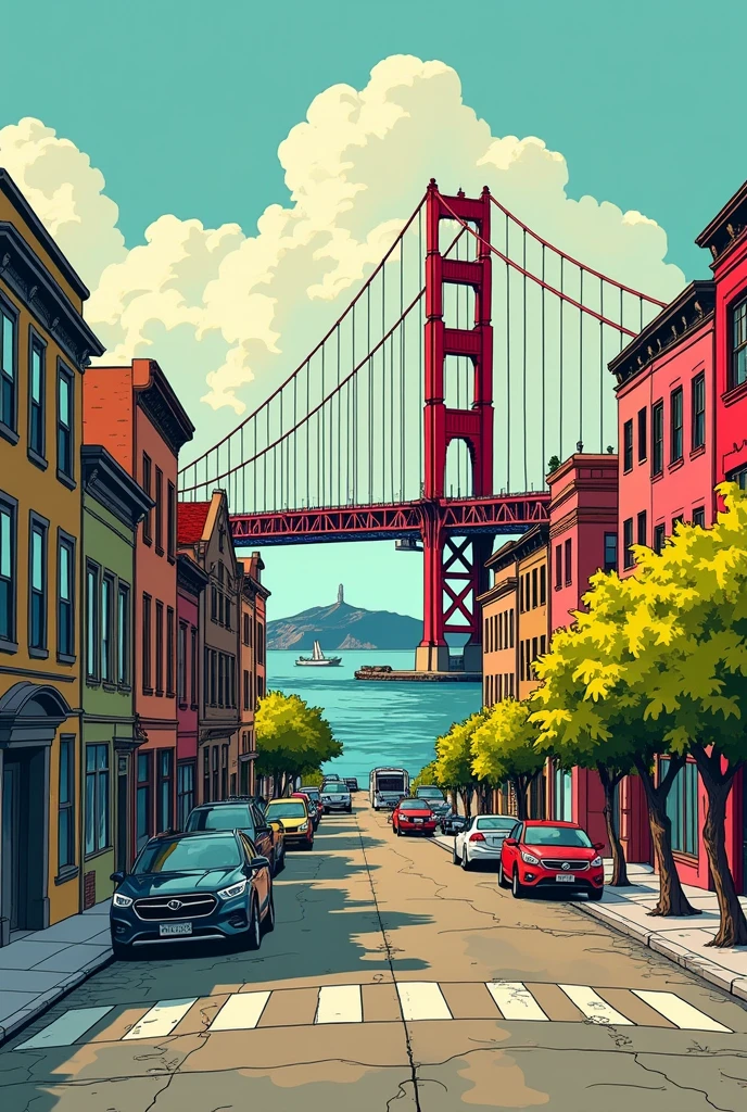 Beautiful San Francisco, illustrated by hergé, style of tin tin comics, pen and ink., beautiful colors, attention to detail