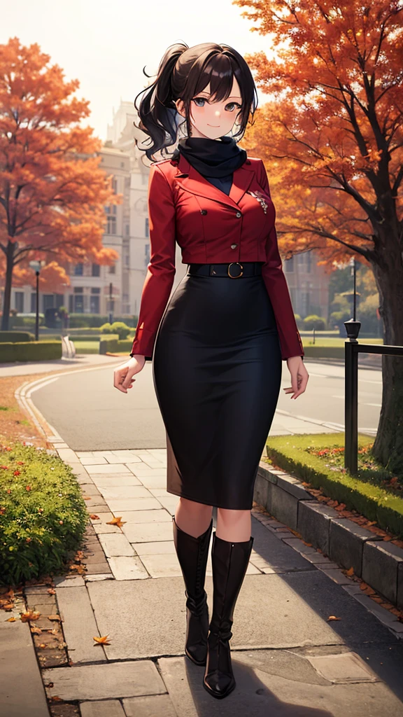 masterpiece, best quality, high detail, 1girl, beautiful woman, wavy hair, dark brown hair, low ponytail, messy hair, hair ornament, large bust, red jacket, black midi pencil skirt, long black skirt:1.2, boots, white scarf, bracelet, autumn, trees, leaves on ground, park, garden, stone, sidewalk, upper body, looking at viewer, light smile, atmospheric, moody