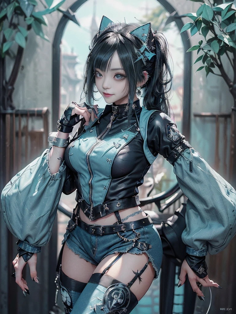 (Full Body View:1.3)、(Side view:1.1)、(Smiling with teeth showing:1.3),(Shibuya Gal:1.5)、(Maid café clerk:1.5)、(Punk RockVisual Kei:1.4)、(Turquoise, navy and denim medieval noble zip up:1.5)、(Navy and white arm covers and bugle pants:1.5)、(Blue high heels:1.3)、(Wearing silver accessories:1.5)、(Dark brown collar:1.4)、(Leather garter belt:1.4)、(Brown Skin Belt:1.3)、(Black lace underwear:1.5)、20-year-old、NSFW、((Highest quality、In 8K、masterpiece:1.3))、Sharp focus:1.2、(Layered Cut、Huge boobs:1.1),Beautiful woman with perfect figure:1.4、(Doing an aerobics pose:1.3)、Slender Abs:1.2、Highly detailed face and skin texture、Detailed eyes、double eyelid,(Twin tails:1.3)、(Black Hair:1.3)、Gravure idol、(A fairytale-like cafe with a lush tree background:1.3)、(Slim Body:1.3),(Make your legs thinner:1.4),(Thin, thin thighs:1.3)、（clavicle:1.1）