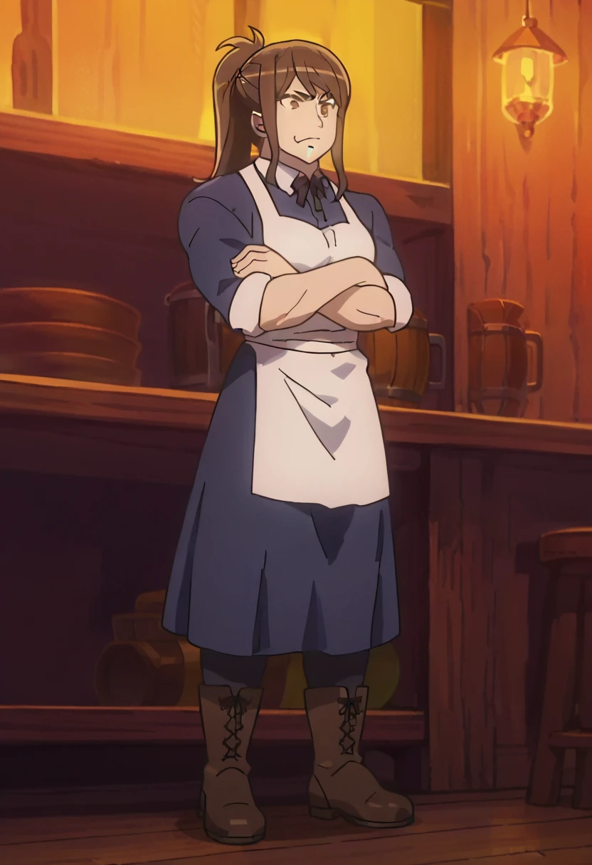 Mia Grand, anime screencap, 1 girl, solo, full body, bar, smirk, crossed arms, standing, long blue dress, apron, boots, black pantyhose, sleeves rolled up, muscular woman,