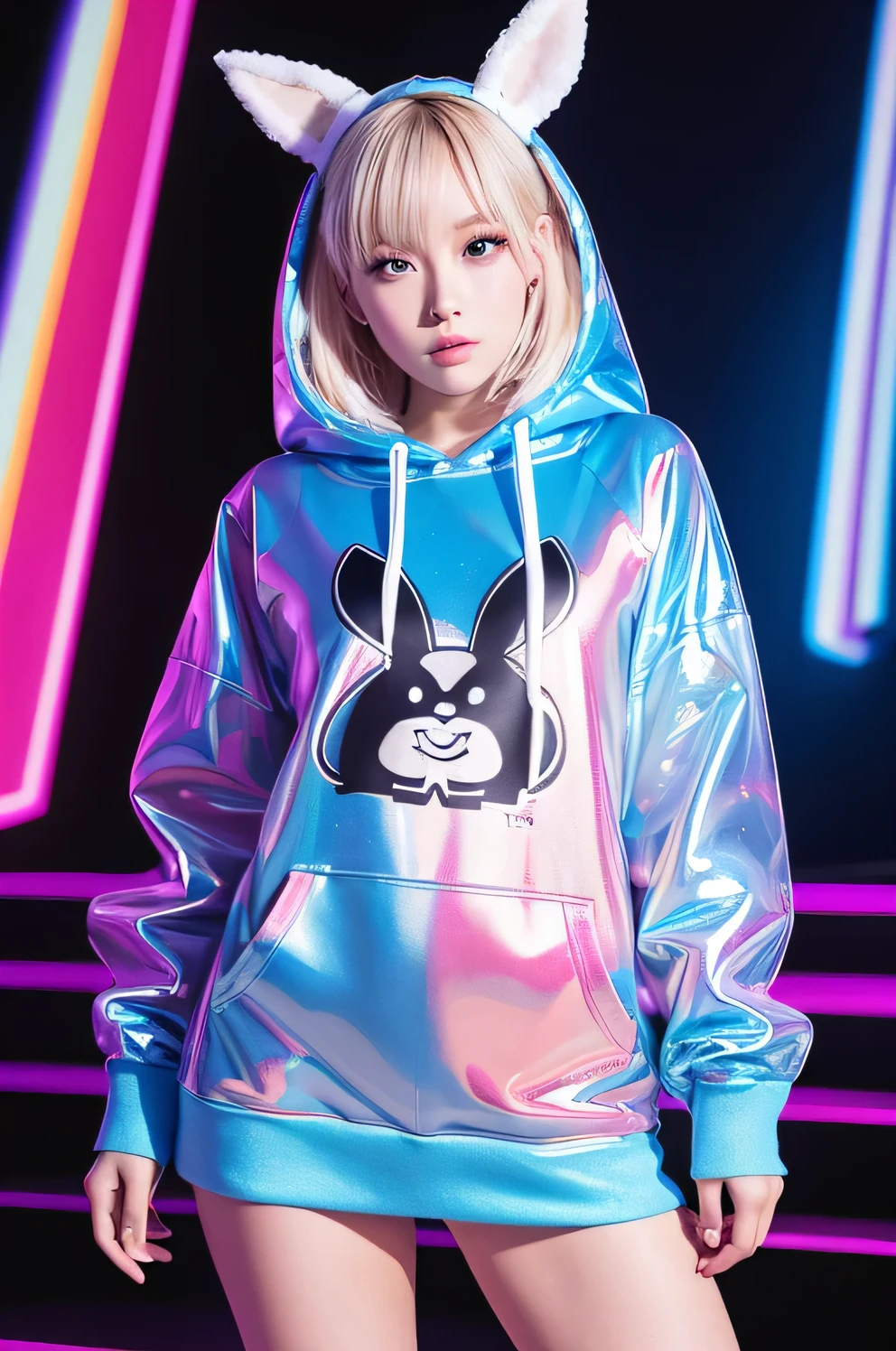 ((Highest quality)), ((masterpiece)), (detailed), One Girl, Sexy beautiful girl,cute,Russian Beauty, transparent color PVC clothing,transparent color vinyl clothing,Prismatic,Holographic,chromatic aberration,Fashion Illustration,masterpiece,Harajuku Fashion Girl,View your audience,8k,Super detailed,Pixiv,whole body,Russian Beauty,playboy bunny,transparent,front,Aurora Vinyl Hoodie,teapot,short hair,back,Right behind,transparent color PVC clothing,transparent color vinyl clothing,Prismatic,Holographic,chromatic aberration,Fashion Illustration,teapot,