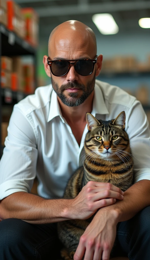 4k ((best quality)), ((masterpiece)), (detailed), hd, realistic face muscular bald male soldier full body wear white shirt sunglass sit at wallmart cat in his shouder