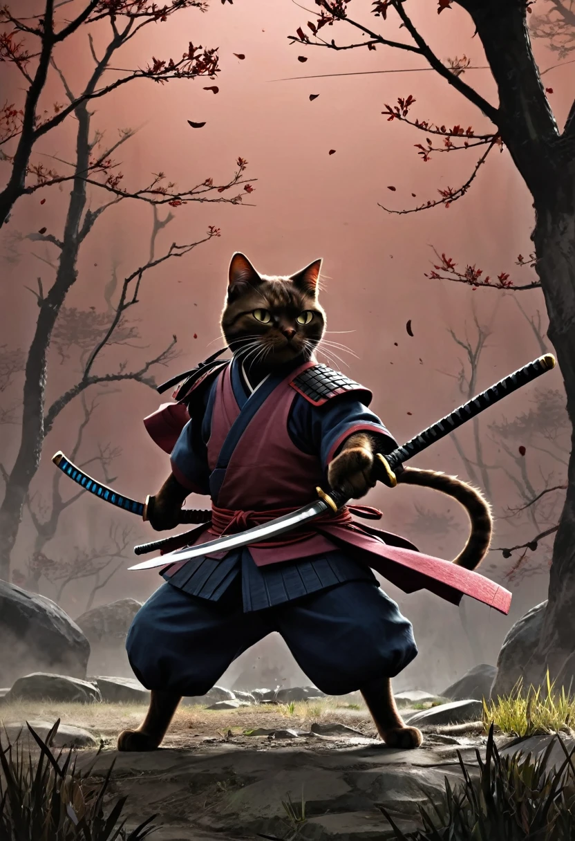 
(drawing:1.3),Samurai cat, battlefield, (Animation Art), 2D, Colored, Gloomy atmosphere、A brown cat and a black cat practice with swords