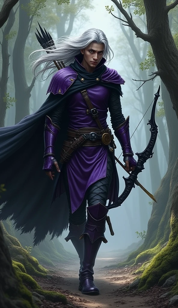 Yoshitaka Amano's full-body illustration of Raven, the dark elf archer. Clad in deep purple leather armor, Raven moves silently through the shadows, his silver hair flowing in the wind. He carries a black bow that shoots magical arrows and has a dagger strapped to his thigh. A black cloak billows behind him as he navigates a dense forest. The scene is vividly captured with an EOS 5D digital SLR camera.