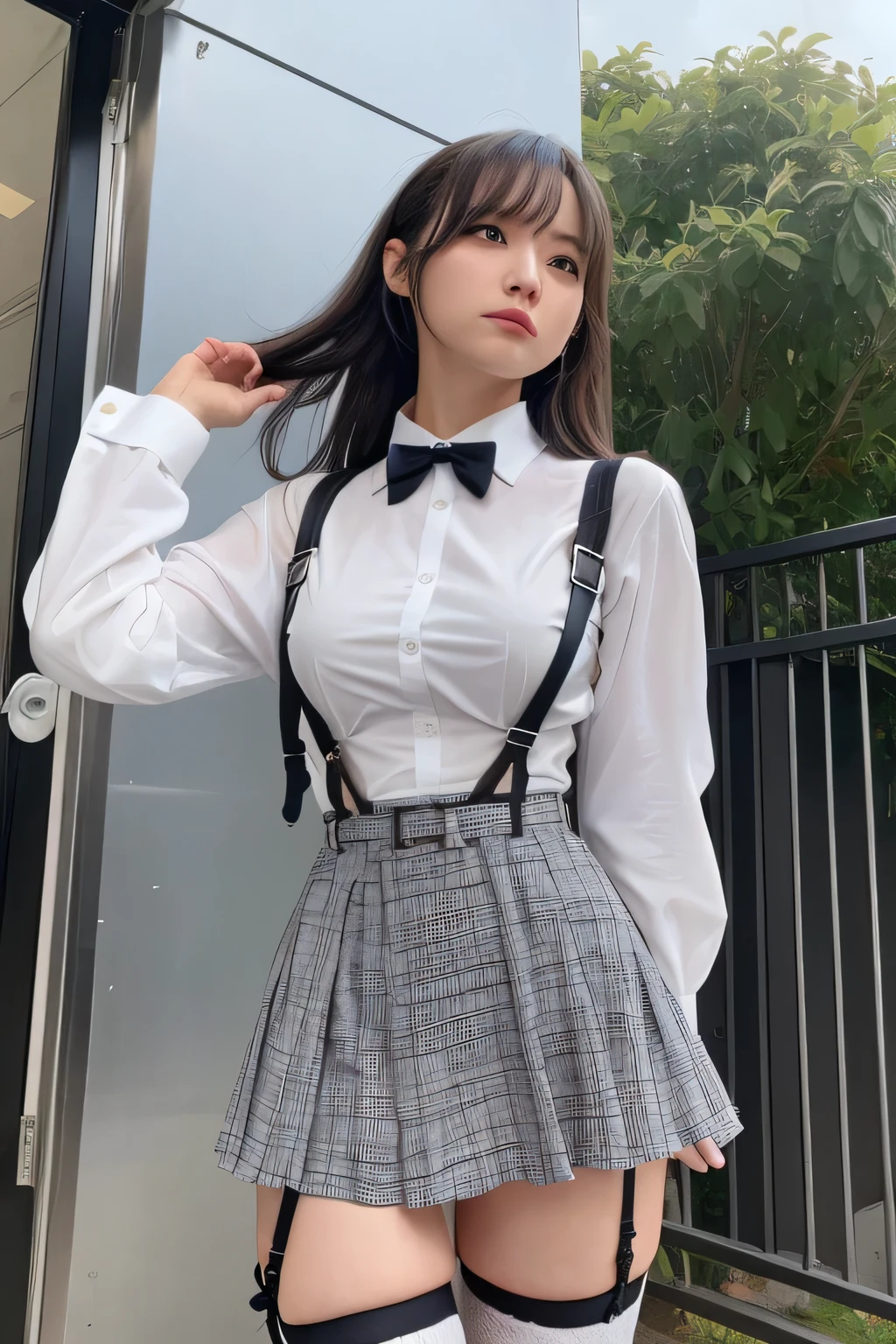 1 female, , high quality, masterpiece, Ultra-high resolution, Cinema Lighting, 1 female, , high quality, masterpiece, Ultra-high resolution, , Cinema Lighting, suspenders　　　Moderate breasts　 　 　　　　　 　　　　Small face　 　　　　　　　　　　　Looking up　　　　Sweat 　　　Thin belt　buzzer　脇Sweat 　　　　 　garter belt　　Belt on pants　　holster　 　　Hands behind your back　 　Looking up　Anxious face　Knee-high　Knee socks　Knee-highソックス 　garter　ふとももにgarter belt　Checkered mini skirt　 　　Panty shot　Skirt gap Armament　　　holster　holster 　　Hands behind your back　 Anxious expression　　Anxious face, legs apart　Armament　　Leg Holster　holster　See-through clothing　heavy rain　Rain-soaked dress shirt,Moderate breasts　ガーターbelt　suspenders　Garter on the thigh　Checkered mini skirt　Looking up　Pause　belt　Armpit sweat　Hands behind back　Raise your hands