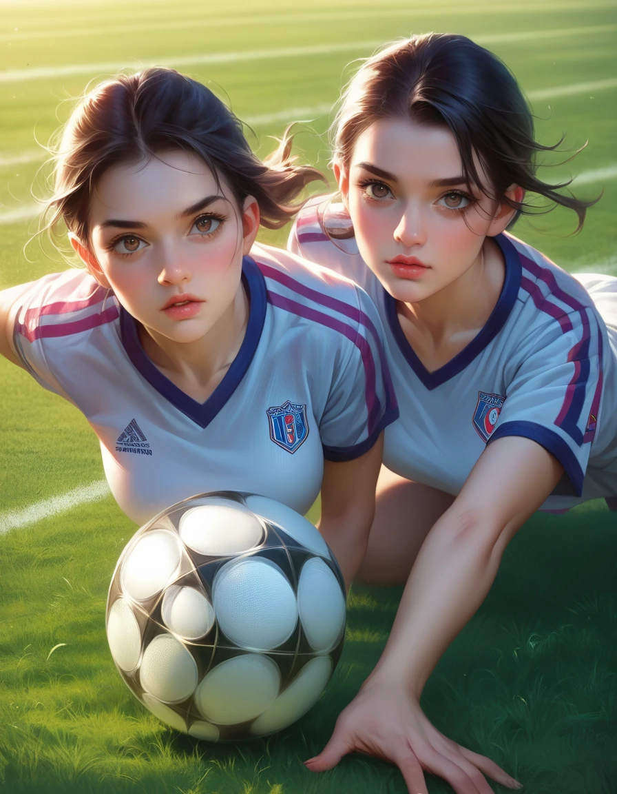 a beautiful girl playing football on the ground, 1girl,2girls,sports,football,playing,grass,field,detailed face,beautiful detailed eyes,beautiful detailed nose,beautiful detailed lips,detailed clothing,dynamic pose,action,motion blur,cinematic lighting,vibrant colors,photorealistic,hyperrealistic,masterpiece,8k,high quality