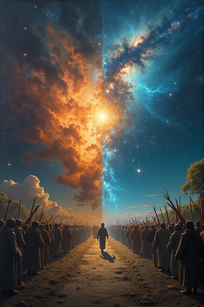 Galaxy as a background with negative side of humanity as rape assault mob lynching amd a positive side as nature hamorny in unit in diversity