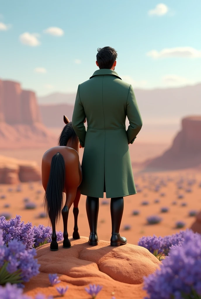 A 3d animation character from behind. From the 1900s. Wearing a long vintage greenish jacket. Male Age of 30s. Pixar style. Standing in a top of small mountain. Looking to a large land of lavender flowers and desert. Wearing a long black boots. Journalist. Cartoon Disney style. With his animation 3d horse from behind.
