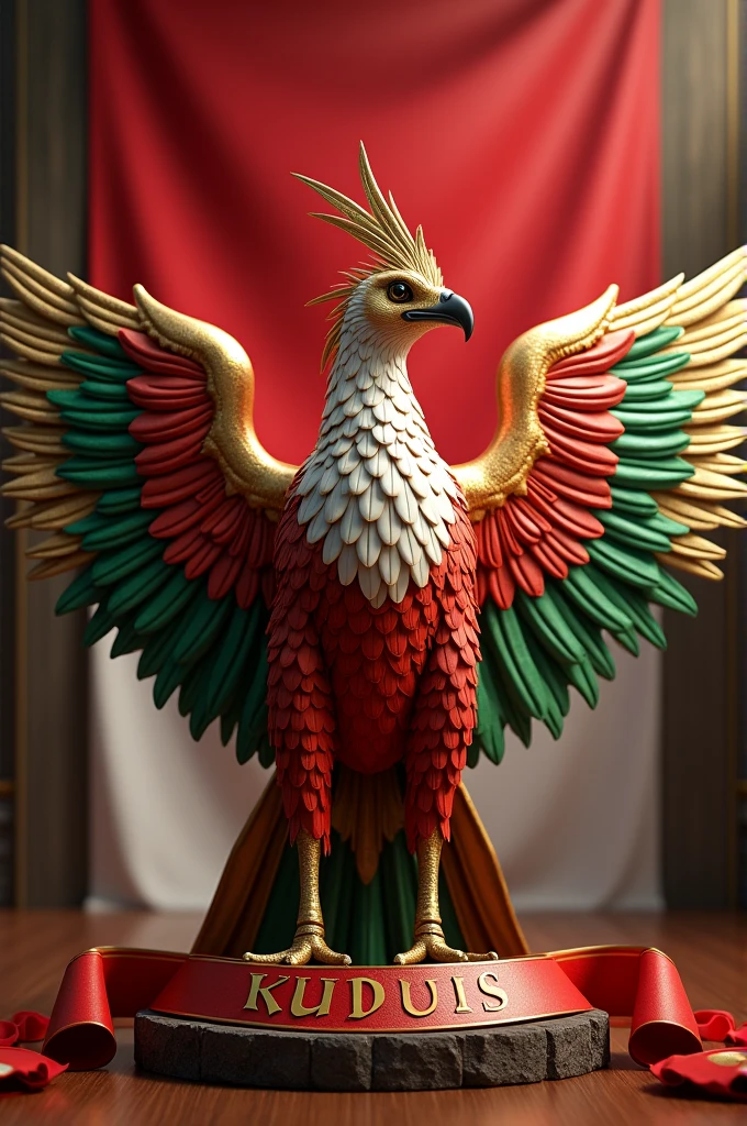The Garuda bird has beautiful wings and behind it is the Indonesian red and white flag and carries a ribbon with the name KUDUS written on it while sitting with the beautiful colors of the Garuda bird.,3D
